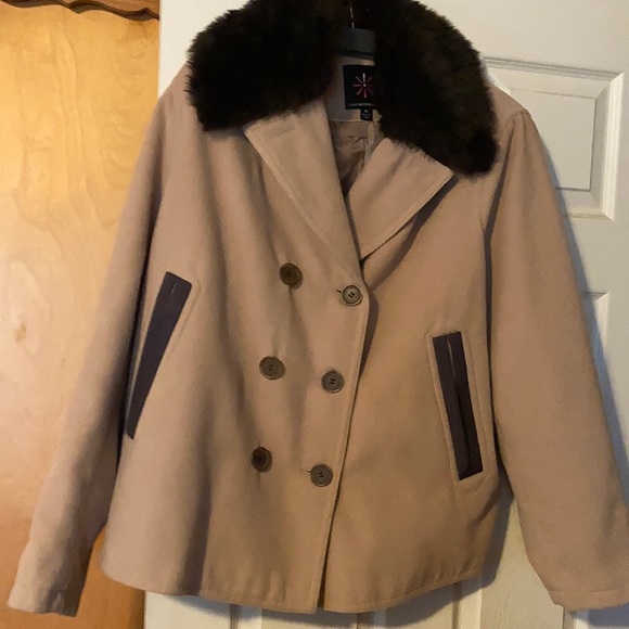 Cute and stylish camel with brown accents pea coat. Essentially new. - Picture 1 of 2